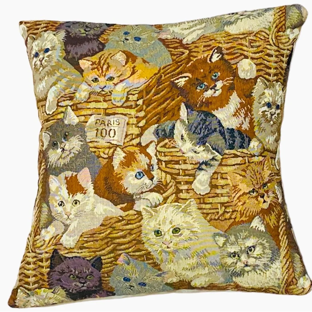 Cat Tapestry Throw Decorative Pillow 15” x 15” Paris Kitty Cluster Set‎ of two